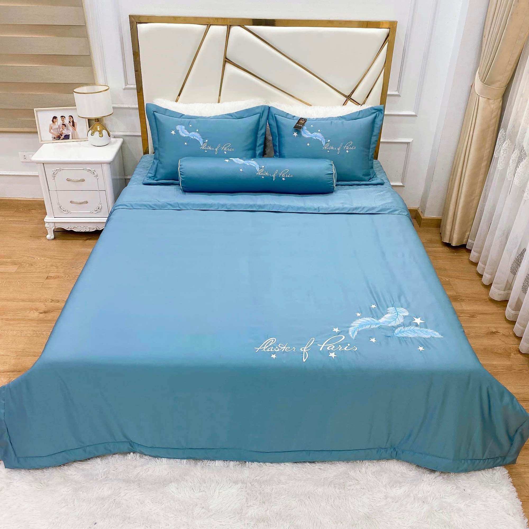 Bộ chăn ga gối phi lụa chất liệu mềm mại thoáng mát, set 5 món gồm (3 vỏ gối, 1 chăn,1 ga)