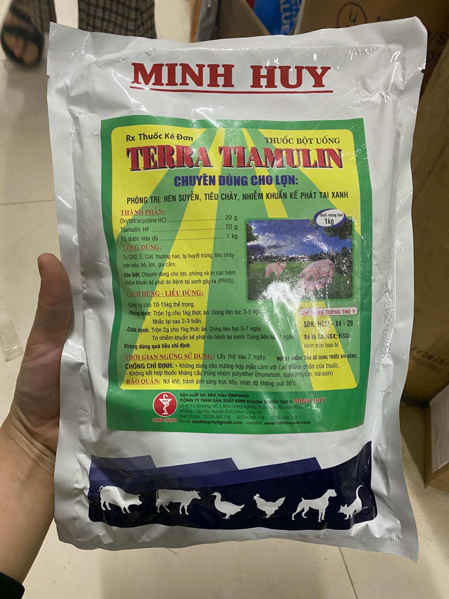 TERRA TIAMULIN (gói 1kg chuyên dùng cho lợn) minh huy phòng và xử lý hen suyễn, tiêu chảy, bệnh kế phát tai xanh ở gia súc