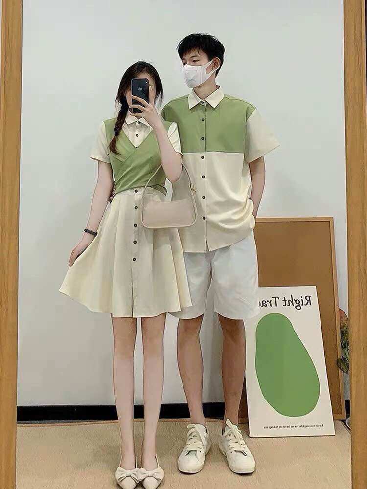 Set đầm đôi màu kem phối xanh, váy hở lưng thắt nơ xinh xắn