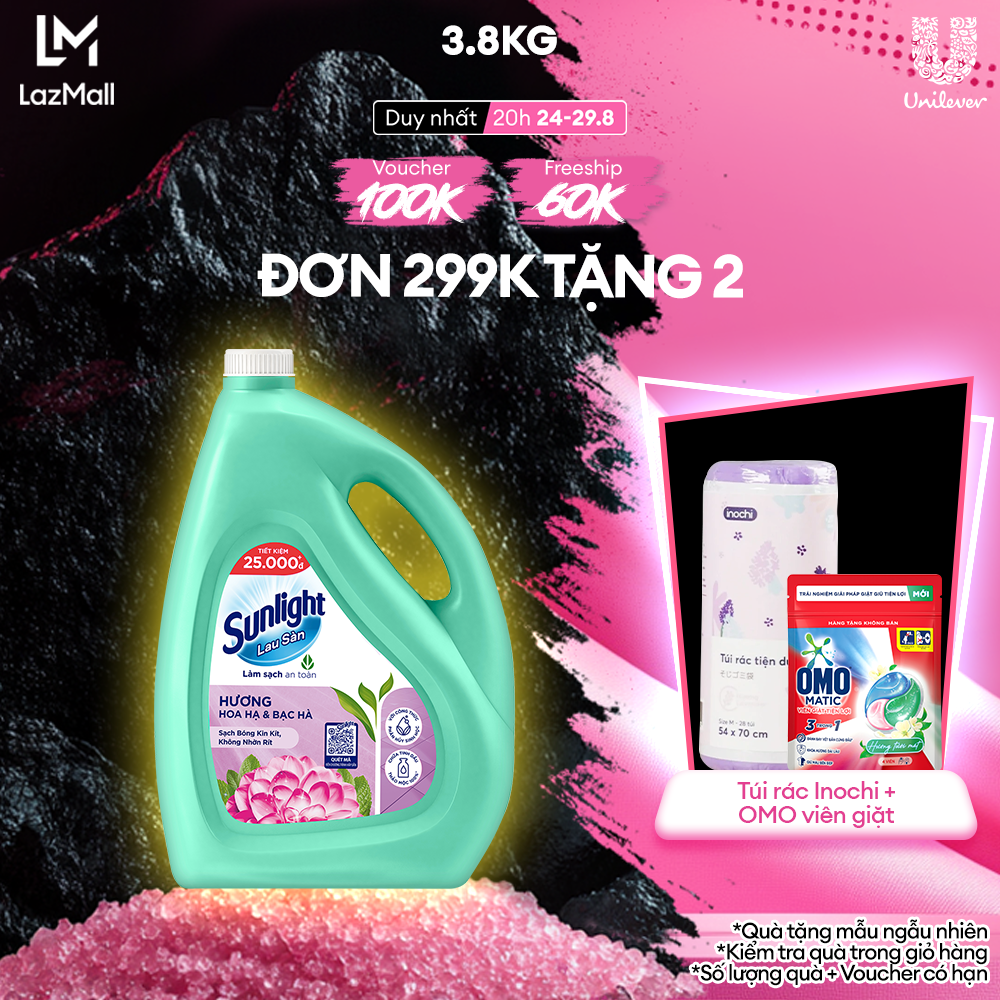 Nước lau sàn Sunlight Hoa Hạ & Bạc Hà Chai 3.6kg | Tinh dầu Thảo mộc 100% | Hương thơm tươi mát