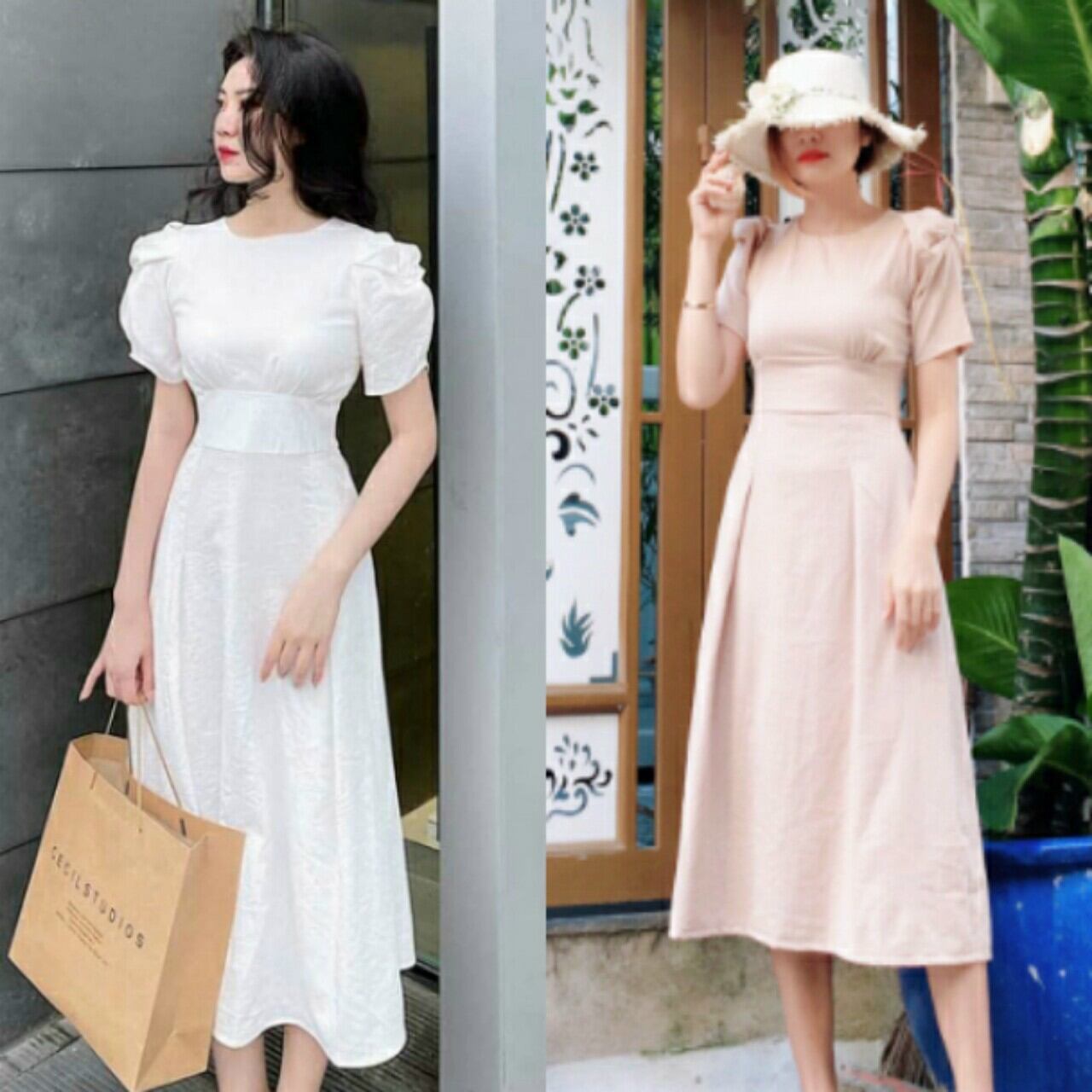 Đầm midi nhún eo tay bồng 2 màu trắng nude