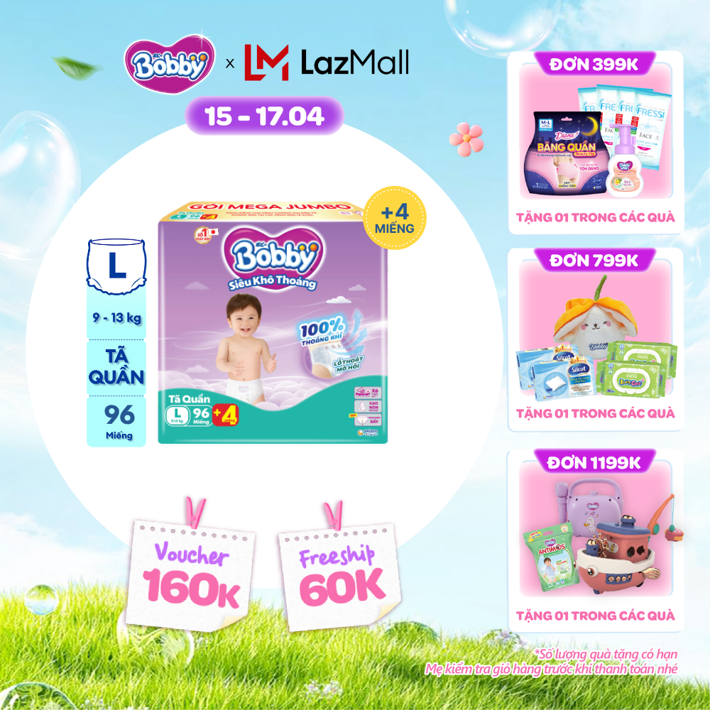 [CHỈ 18-24.04 QT Đơn 899K/1199K][TẶNG MIẾNG NGẪU NHIÊN] Tã/bỉm quần Bobby 3mm Mega Jumbo Gạo non Giảm nhiệt L96