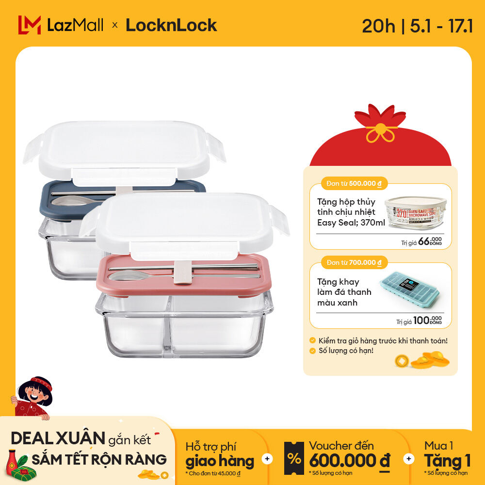 Hộp cơm thủy tinh Lock&Lock kèm muỗng đũa 930ml - LLG991CL - Chia 2 ngăn - Dùng trong lò vi sóng - Màu Xanh/Hồng