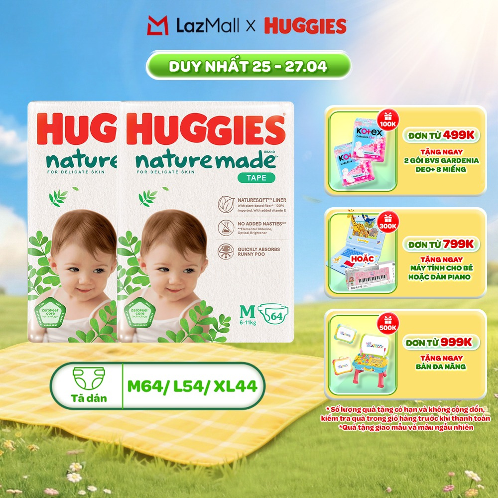 Combo 2 Tã/Bỉm dán Huggies NatureMade M64/L54/XL44