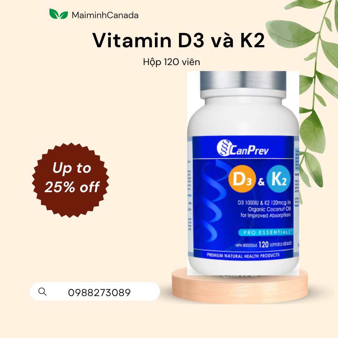 Viên uống Vitamin D3 &amp; K2 Canprev Canada 120 viên
