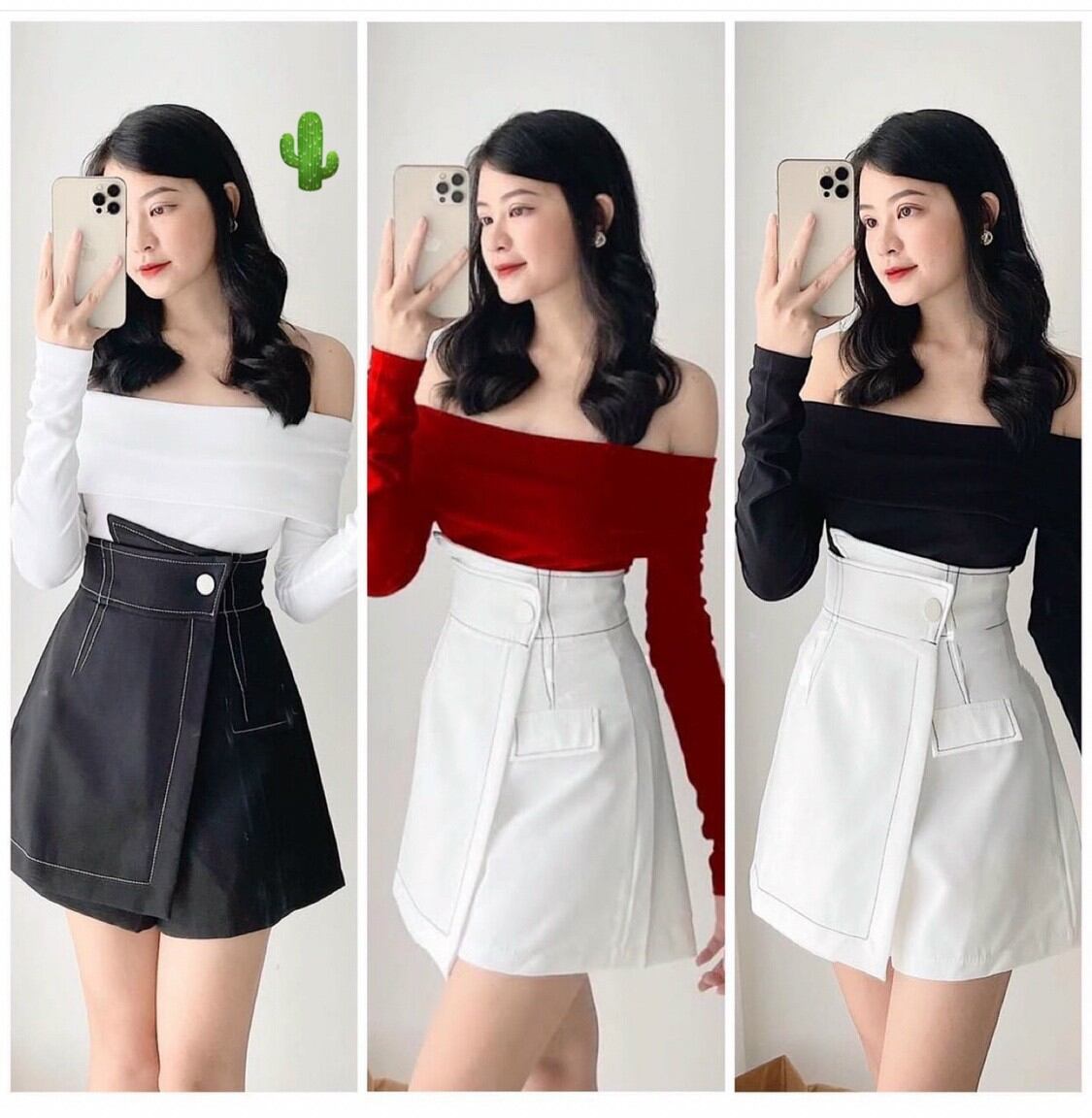 SÉT ÁO BẸT VAI VÀ CHÂN VÁY VIỀN CHỈ NỔI XINH 😘😘WV11