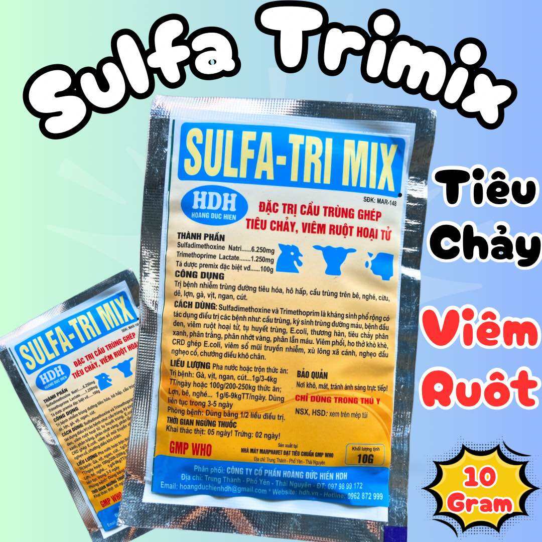 Sulfa Trimix trị tiêu chảy ghép cầu trùng, viêm ruột hoại tử trên gà đá gói 10gram