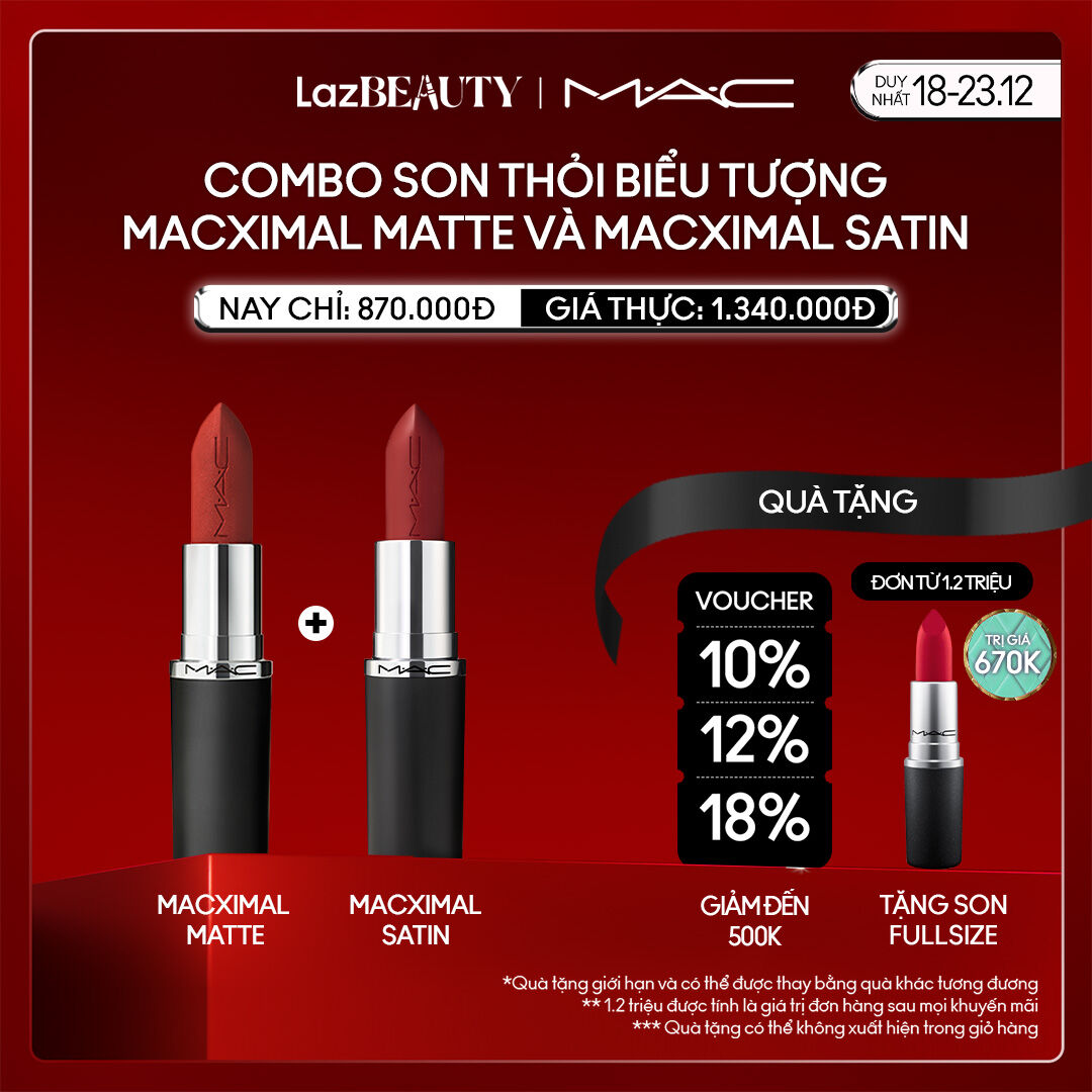   ĐỘC QUYỀN 18-23.12  MAC - Bộ 2 món: MAC MACXIMAL Matte Lipstick Son thỏi Macximal Satin  Son thỏi lì biểu tượng của M.A.C nay đã được cải tiến vượt trội mang lại cảm giác thoải mái cho đôi môi với chất son mịn lì 