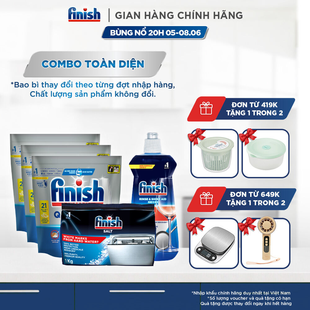 Combo Finish nâng cao: Bộ 3 túi viên rửa chén Quantum 21 viên + Nước làm bóng 500ml + Muối rửa chén bát 1kg