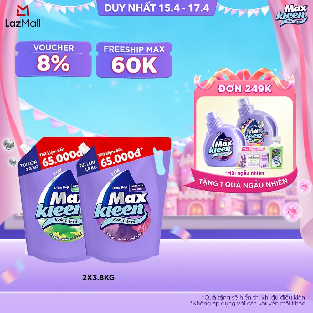 Combo Túi Nước Giặt Xả MaxKleen Hương Huyền Diệu Túi 3.8kg + Hương Vườn Sớm Mai 3.8kg