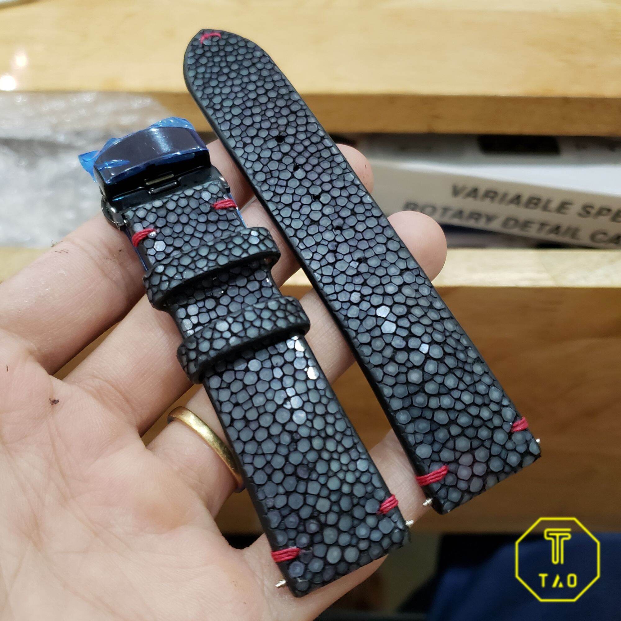 Handmade - Dây đồng hồ da cá đuối đen size 22-20