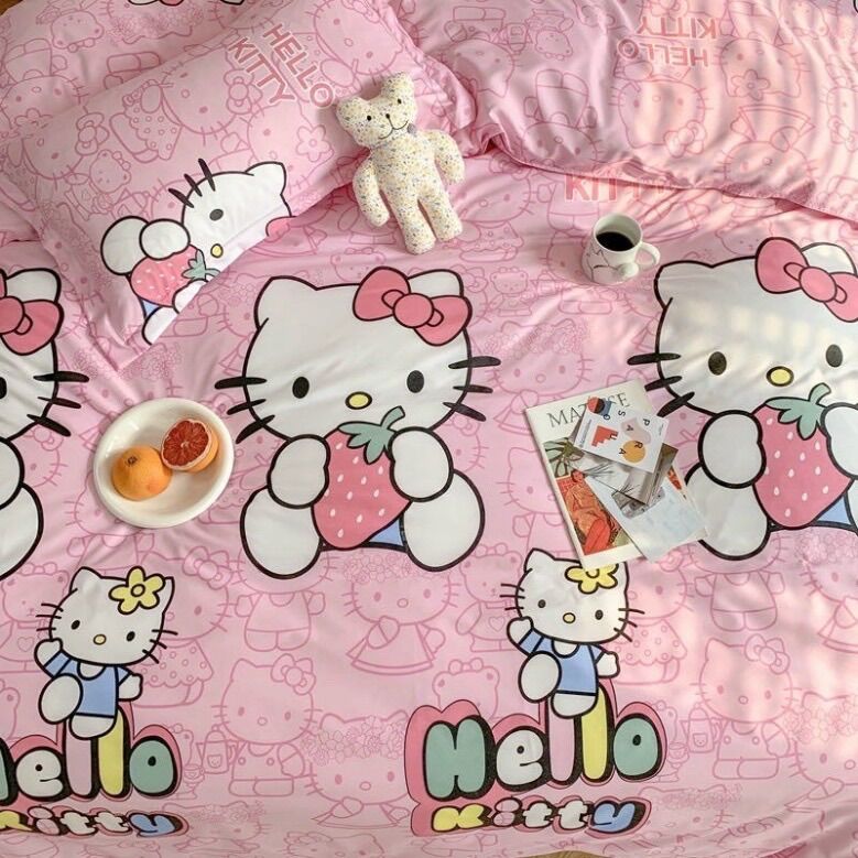 Chăn ga gối cotton poly - Mẫu hello kitty.