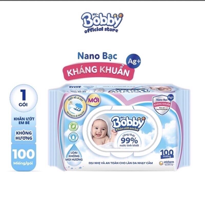Khăn ướt bobby gói 100 tờ không mùi