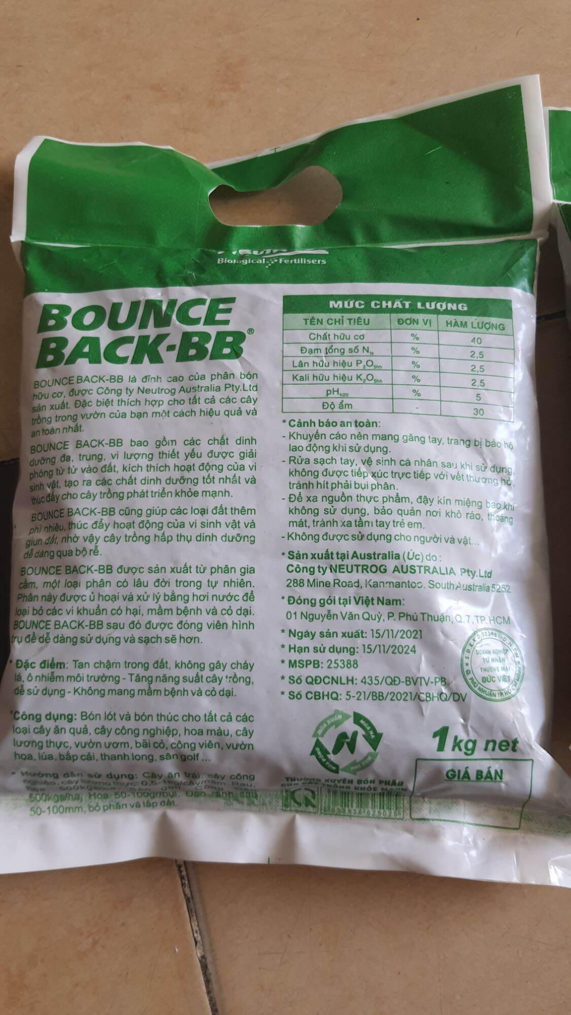 1kg phân bón hữu cơ đậm đặc Bounce Back nhập khẩu Úc.
