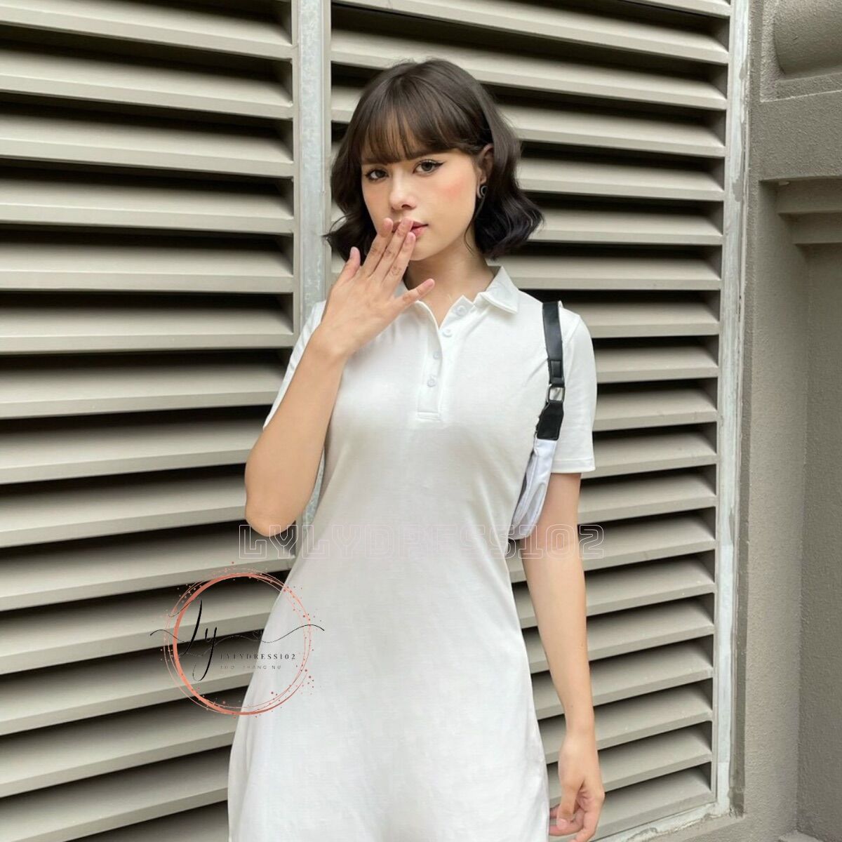 Đầm polo xoè cổ sơ mi tay cộc 4 màu đen, cam, trắng,nude