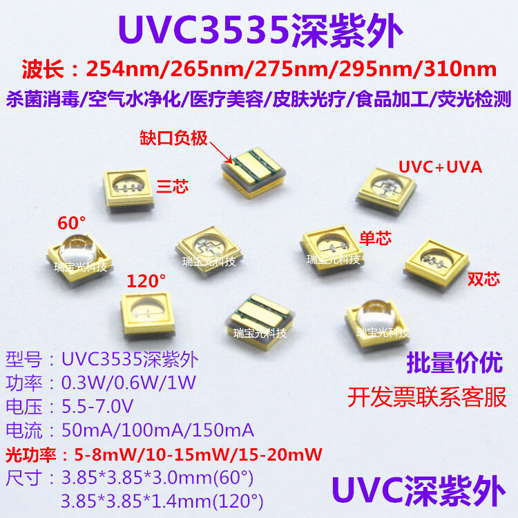 Bảng giá UVC3535 254/265/280/295/310nm 12V Mô-Đun
