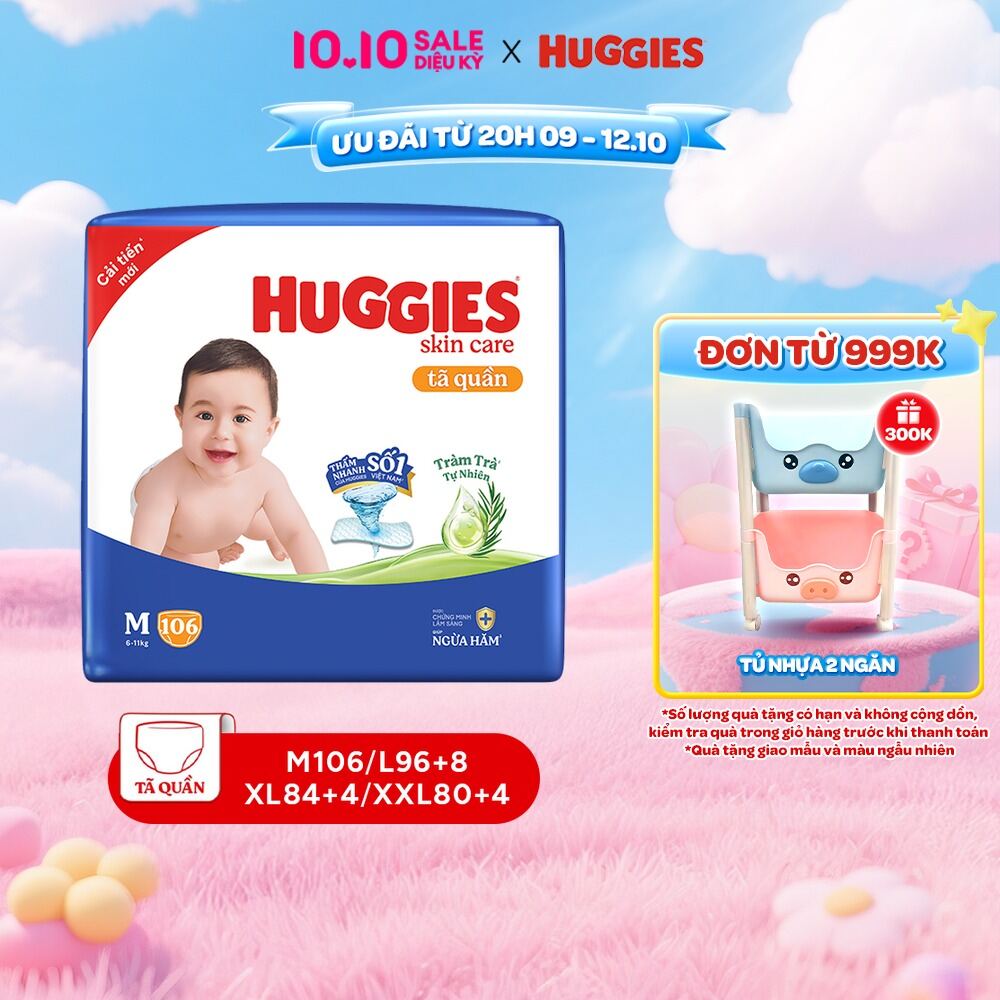 Tã/bỉm quần Huggies Skin Care Mega Jumbo M106/L96+4/XL84+4/XXL76+4 miếng với tràm trà dịu da