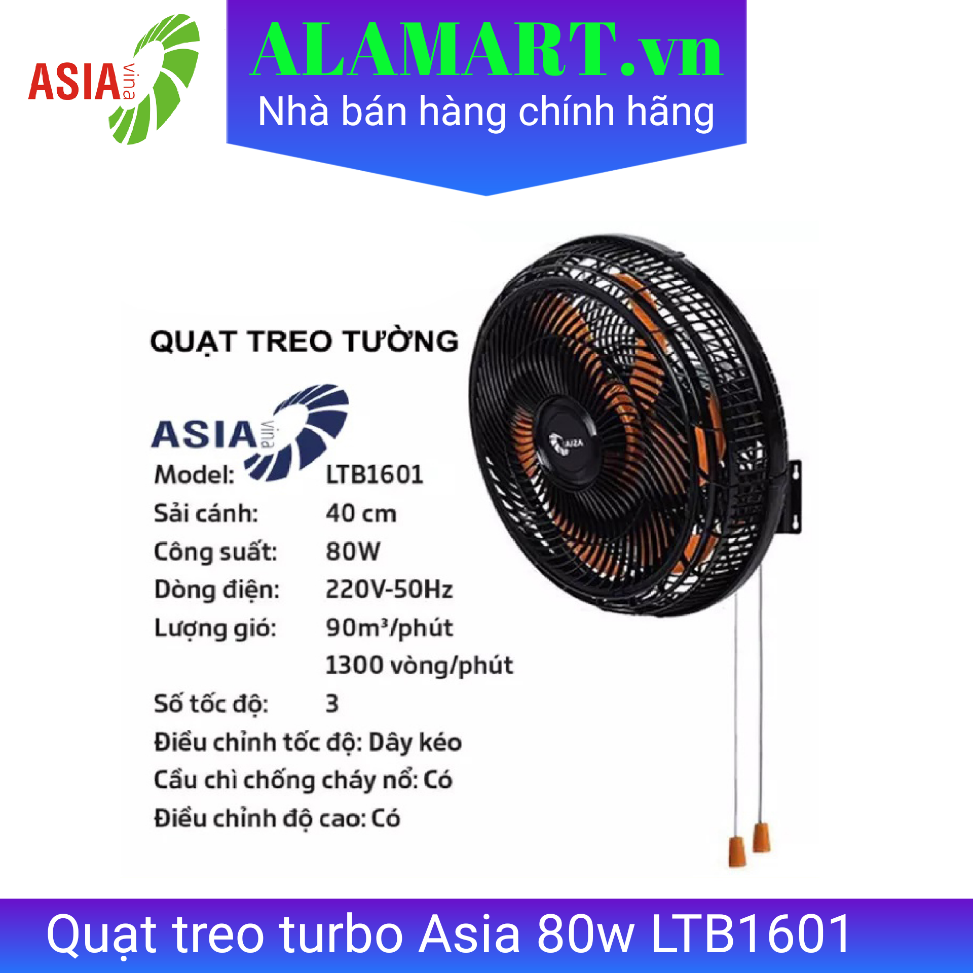 Quạt treo ASIA TURBO PLUS - VY637891 - Đen (New 2024) - 90W