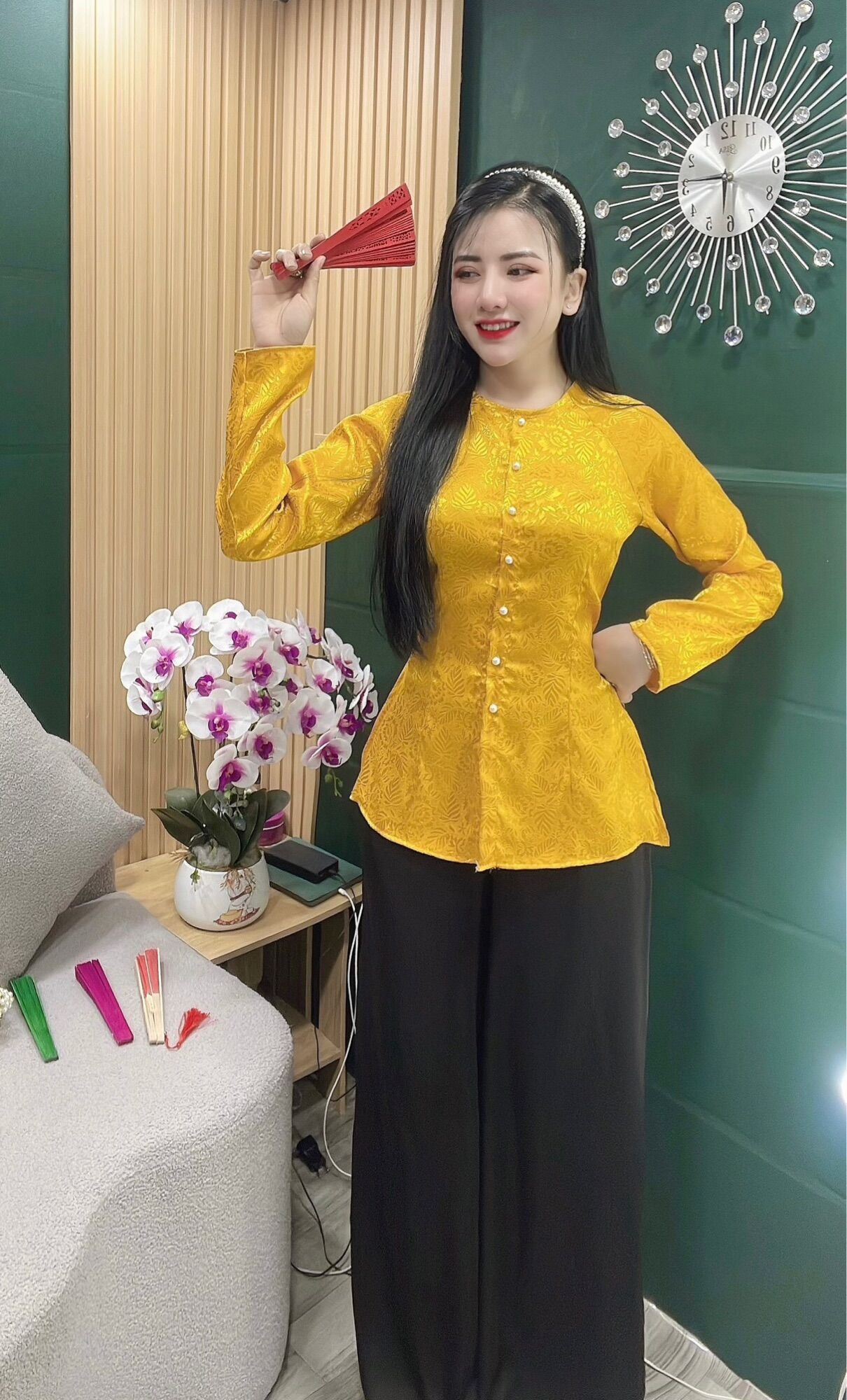 Bộ Bà ba đi chùa đẹp gấm xước
