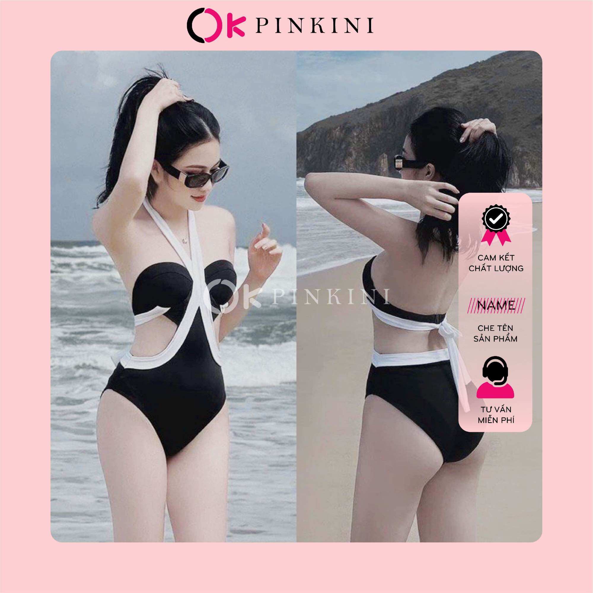 Bikini 1 Mảnh Áo Gọng Khoét Eo Viền Trắng (Ảnh Thật)