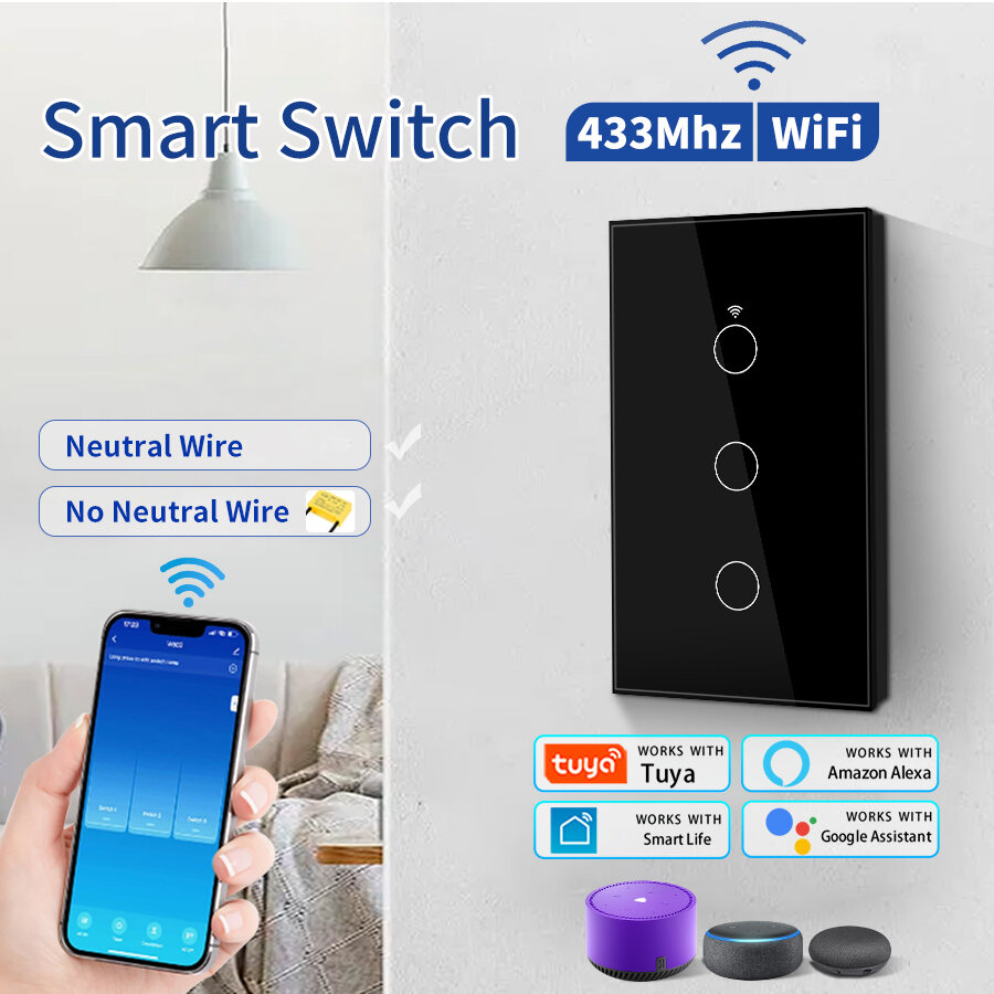 Tuya Công Tắc Wifi Thông Minh 4gang 3gang 2gang 1gang Rf 433 MHz Bảng Điều Khiển Tường Hoa Kỳ Công Tắc Cảm Ứng Với Ứng Dụng Điều Khiển Từ Xa Cho alexa Google Home Điều Khiển Bằng Giọng Nói Dây Trung Tính