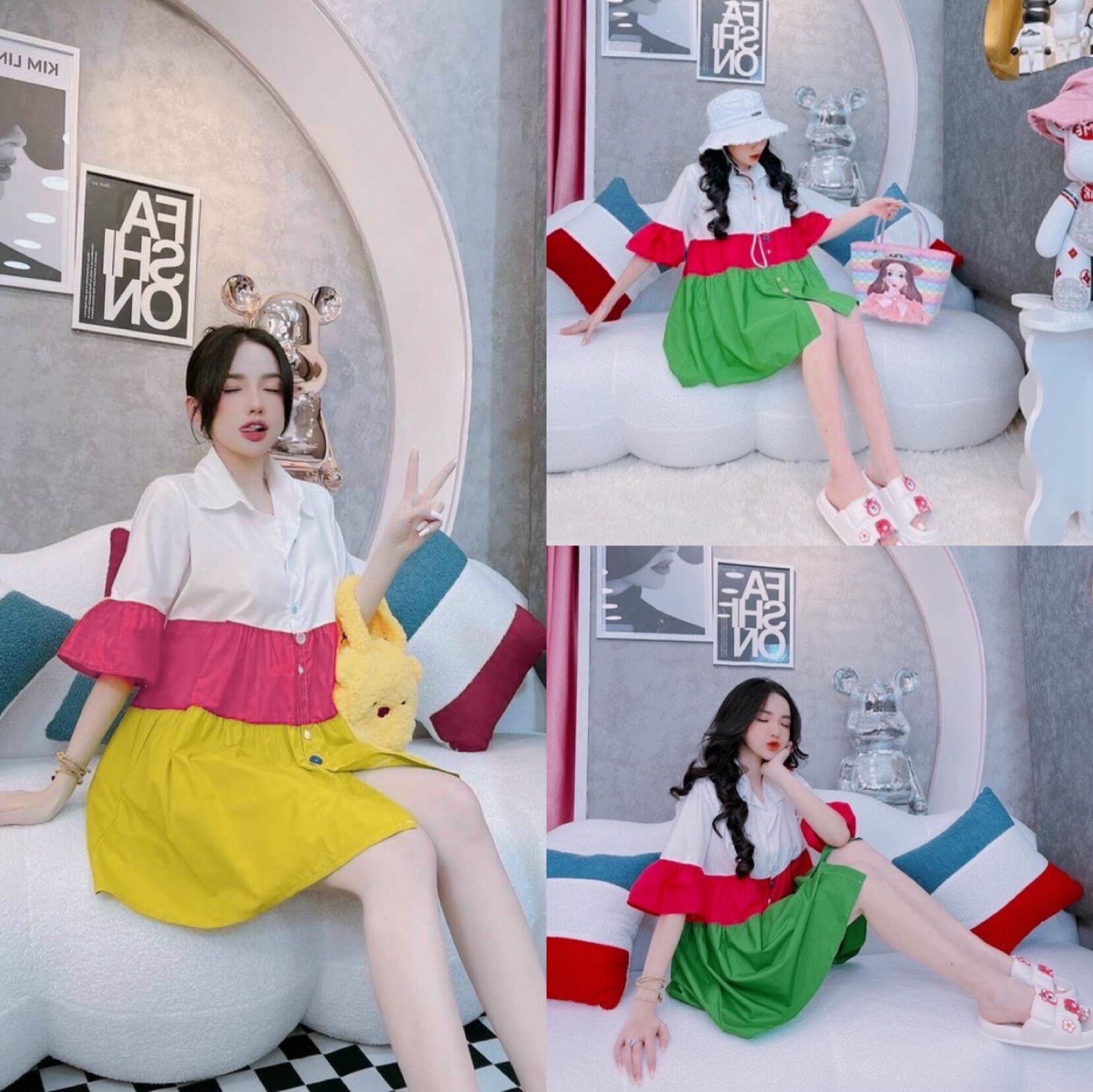 Đầm babydoll sơ mi Ulzzang gài nút phối màu form thường hay Bigsize đều mặc được