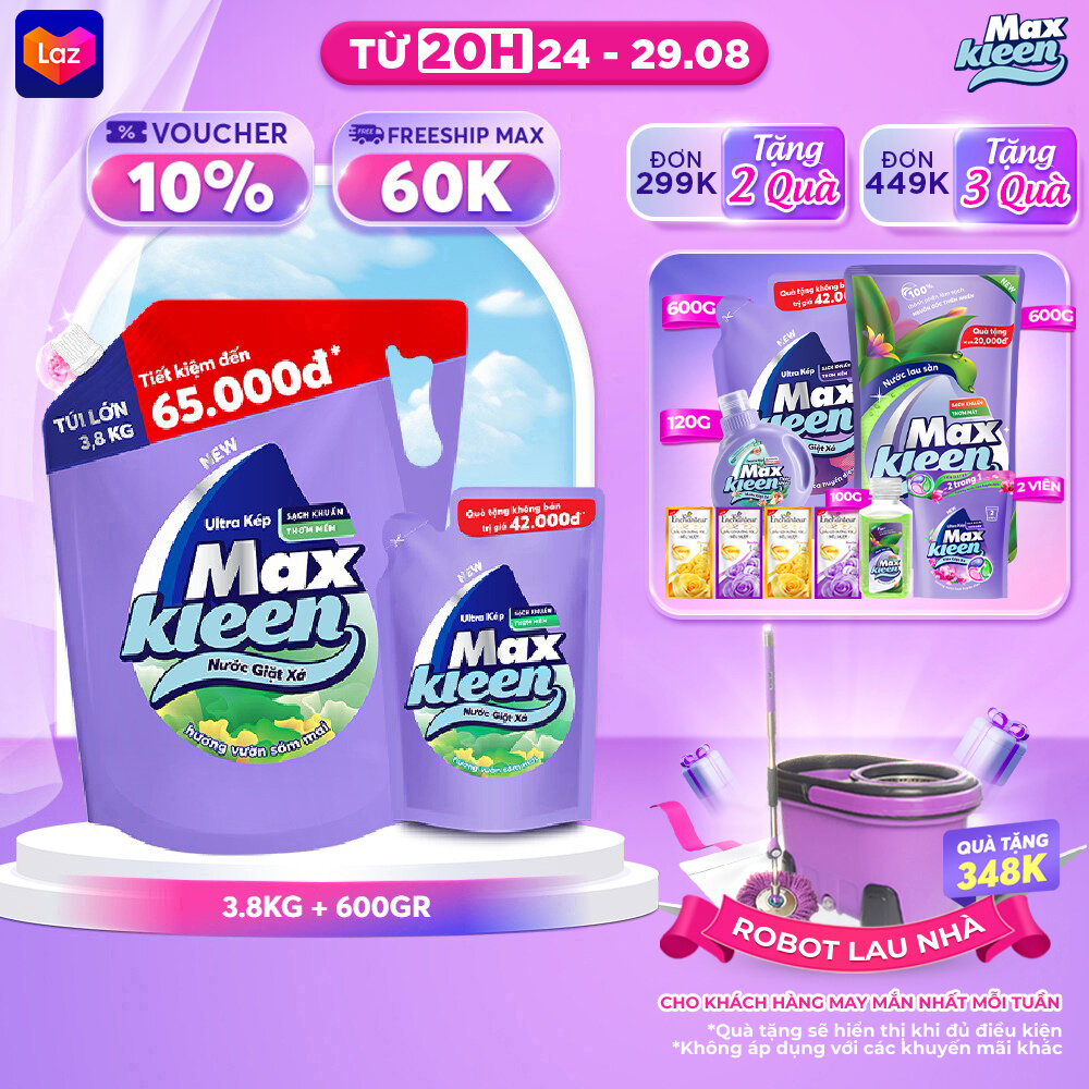 Combo Nước Giặt Xả MaxKleen Hương Vườn Sớm Mai: 1 Túi 3.8kg + 1 Túi 600g