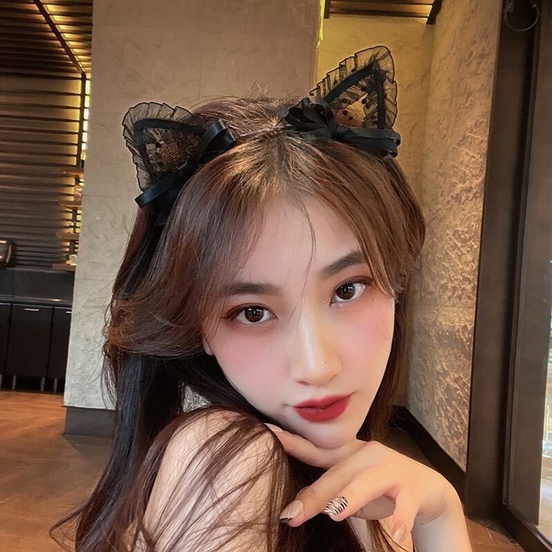 Cài tóc tai mèo viền ren chấm bi dễ thương