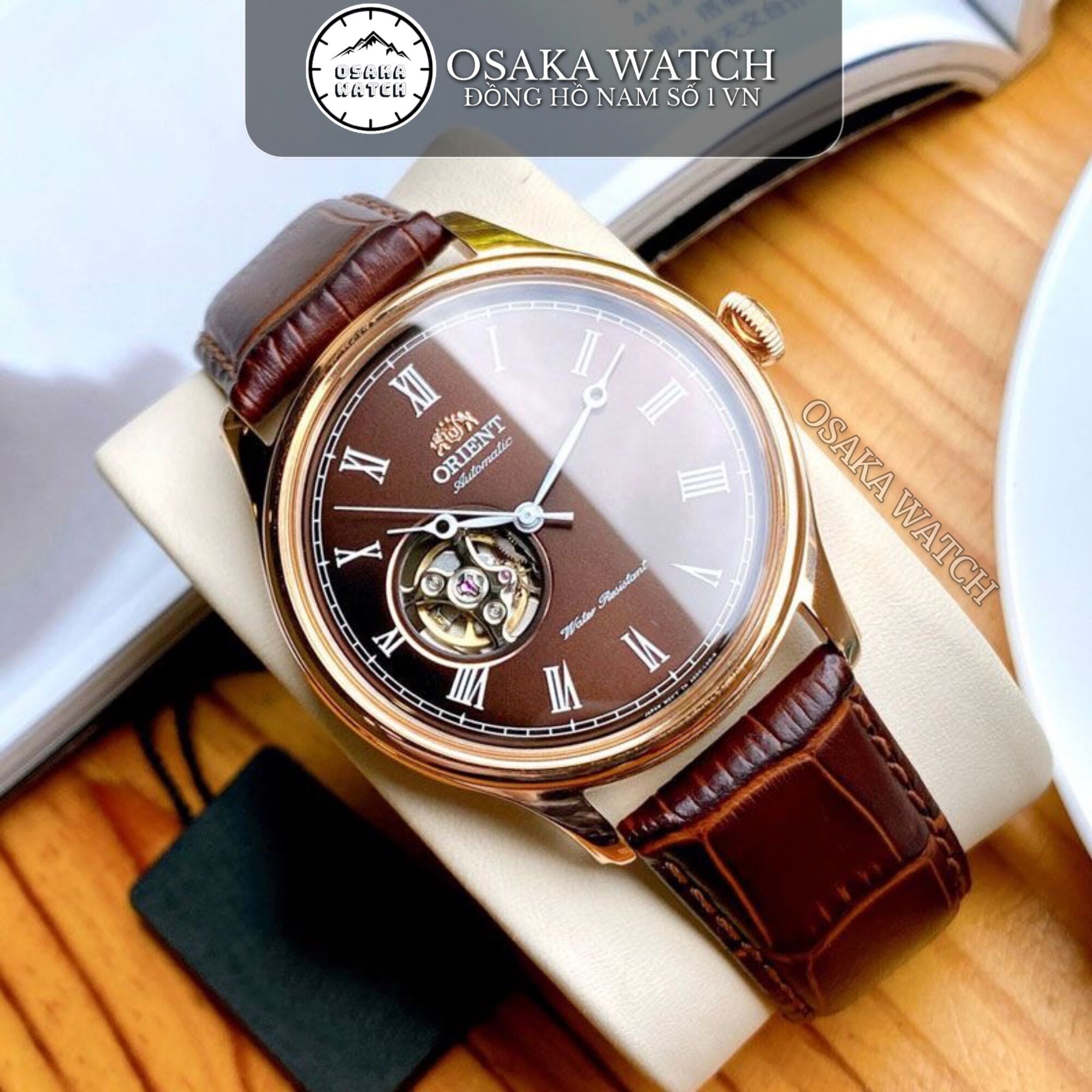 Đồng hồ cơ nam orient caballero dây da số la mã kính cong cao cấp - nâu - osaka watch