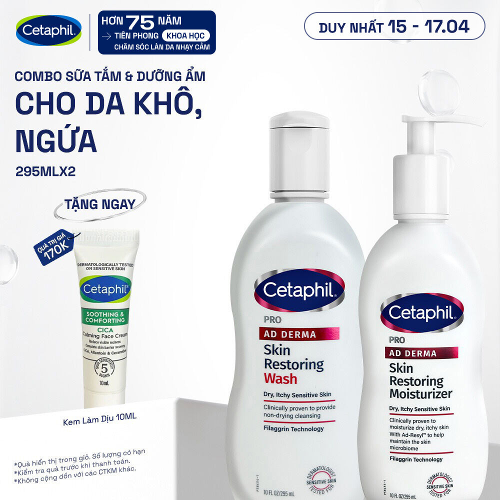 Combo Sữa tắm và Kem dưỡng ẩm dành cho da khô, ngứa Cetaphil Pro AD Derma Wash 295ml + Cetaphil Pro AD Derma Moisturizer 295ml