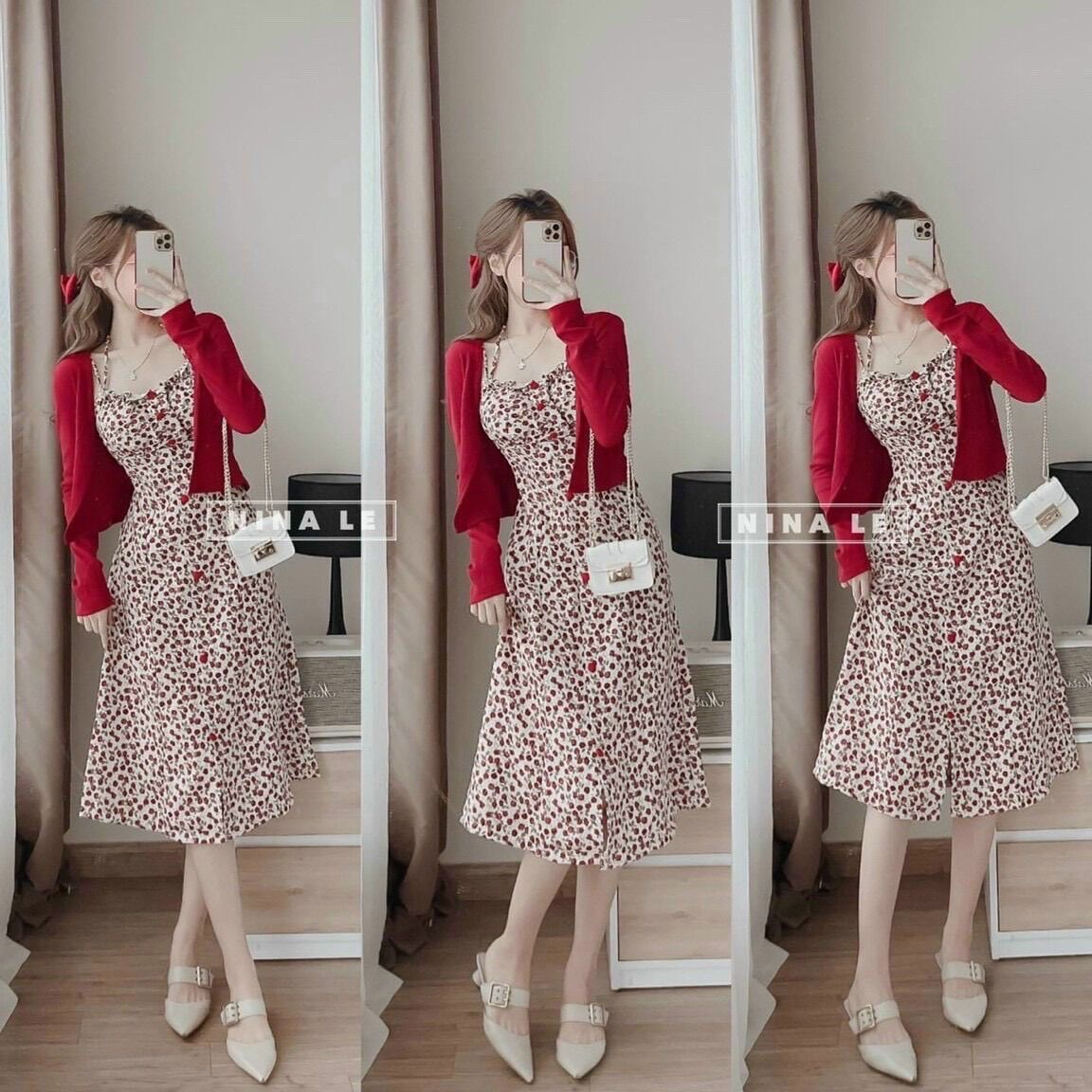 [Shop bigsize nữ 50kg-90kg] Đầm hoa hai dây kèm áo khoát đỏ