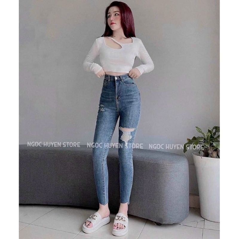 quần bò ôm cạp cao rách cắt gấu xanh