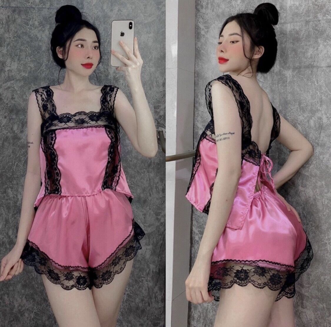 Đồ ngủ sexy phối ren - đồ ngủ sexy phi lụa cột dây ( video+ ảnh thật)