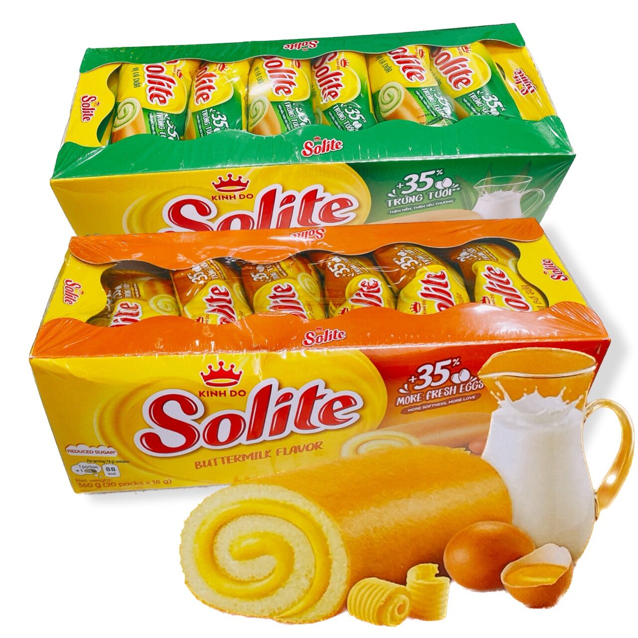    ĂN LÀ GHIỀN  Combo 2 hộp   mỗi hộp 360g có 20 cái  Bánh bông lan cuộn kem vị bơ sữa  vị dứa Solite Kinh Đô  Date mới 6 tháng  Có lựa chọn số lượng lẻ khi thanh toán. 