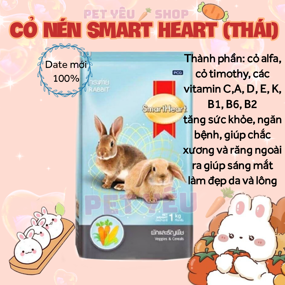 Cỏ nén smart heart thái lan 🐻 FREESHIP🐻 thức ăn mọi.lứa tuổi thỏ