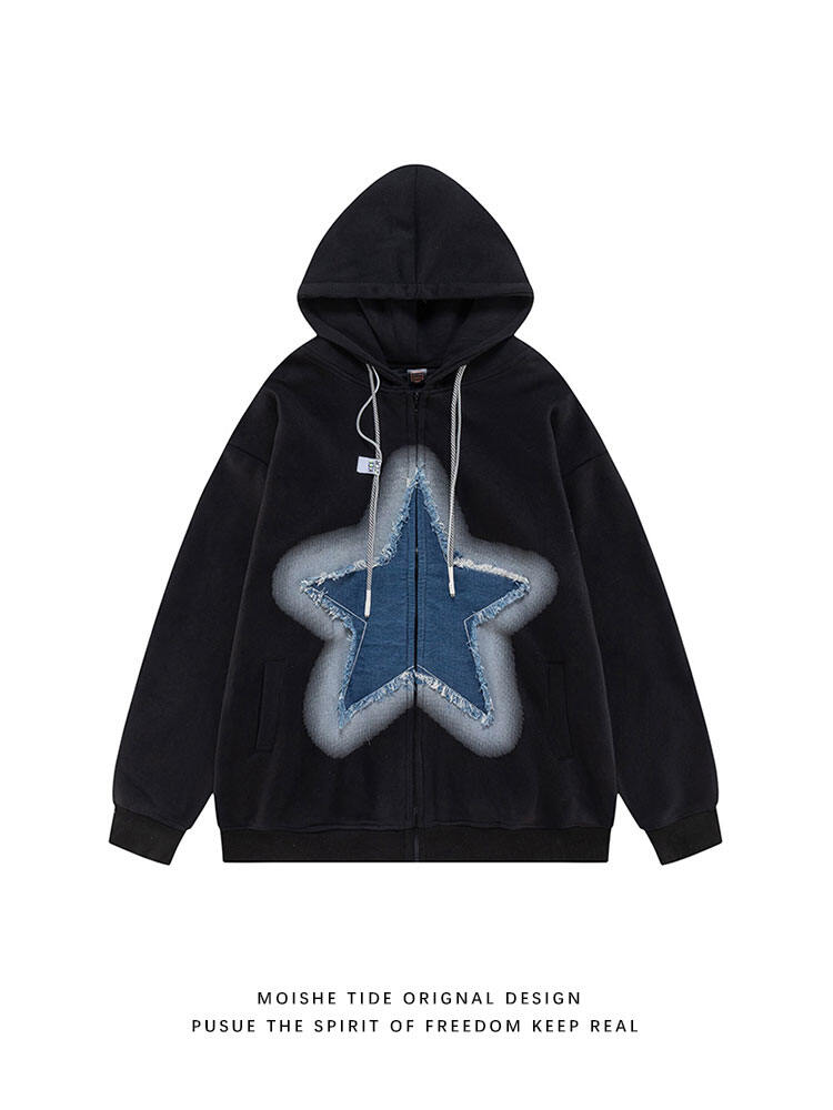 Phong Cách Cổ Điển Mỹ Áo Hoodie Áo Khoác Có Ngôi Sao Thêu Lông Cừu Lót Lót Rộng Rãi Phù Hợp Cho Nam 