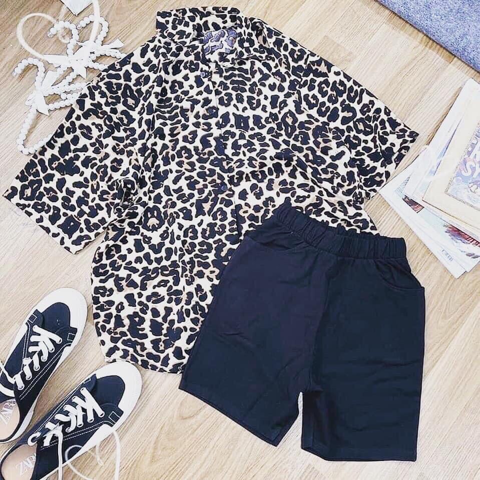 Set áo sơmi beo kèm short legging ngố ( ảnh thật chụp sàn )