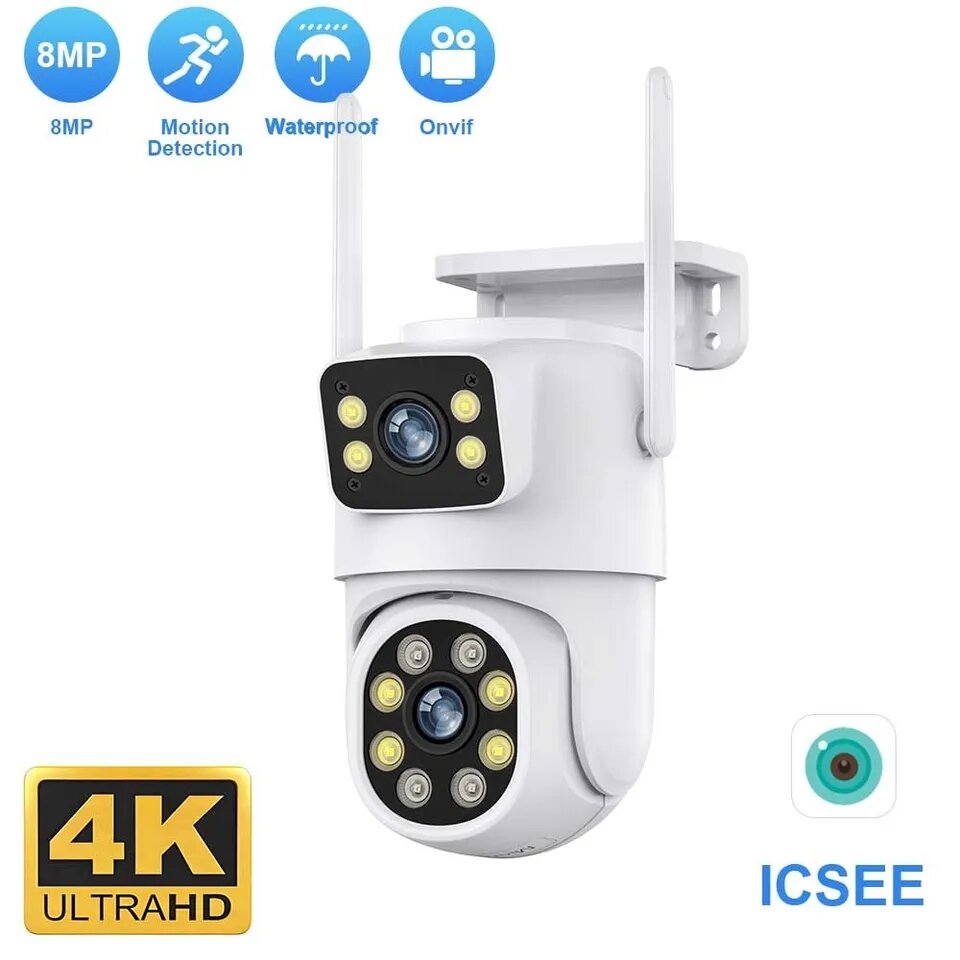  Camera icsee 2 mắt wifi 8.0MP  PTZ không dây ngoài trời 360 độ Theo dõi di động Cuộc gọi hai chiều Tầm nhìn ban đêm đầy màu sắc Chống thấm nước Chụp Ảnh 