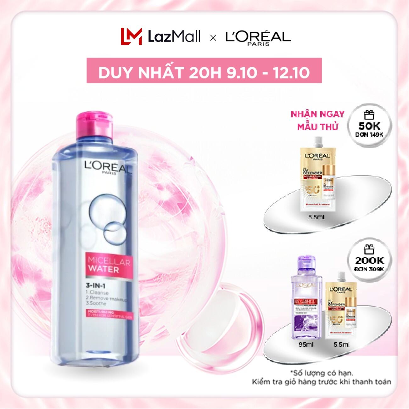 Nước tẩy trang dưỡng ẩm LOreal Paris Micellar Water 400ml (màu hồng)