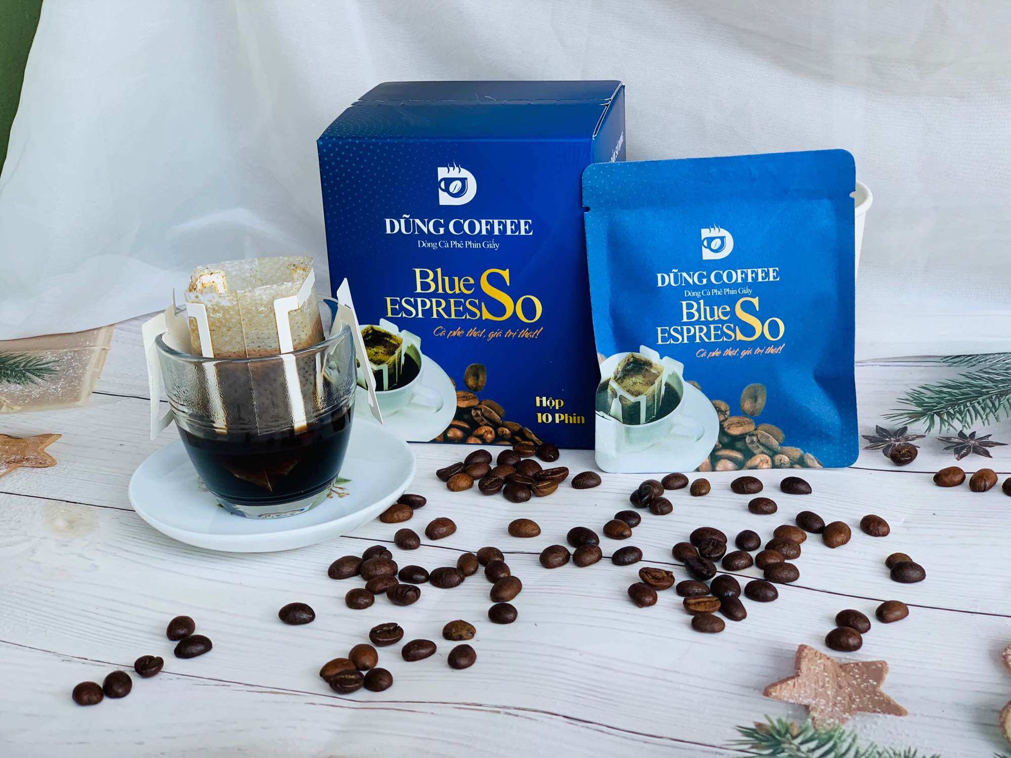 Cà Phê Phin Giấy BLUE ESPRESSO ( Hộp 10 phin x 13g & 10 gói đường). DŨNG COFFEE - cà phê thật, giá trị thật!
