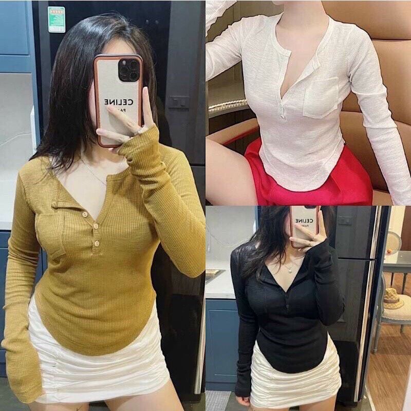 Áo kiểu thun gân nút bấm có túi nhỏ nb290