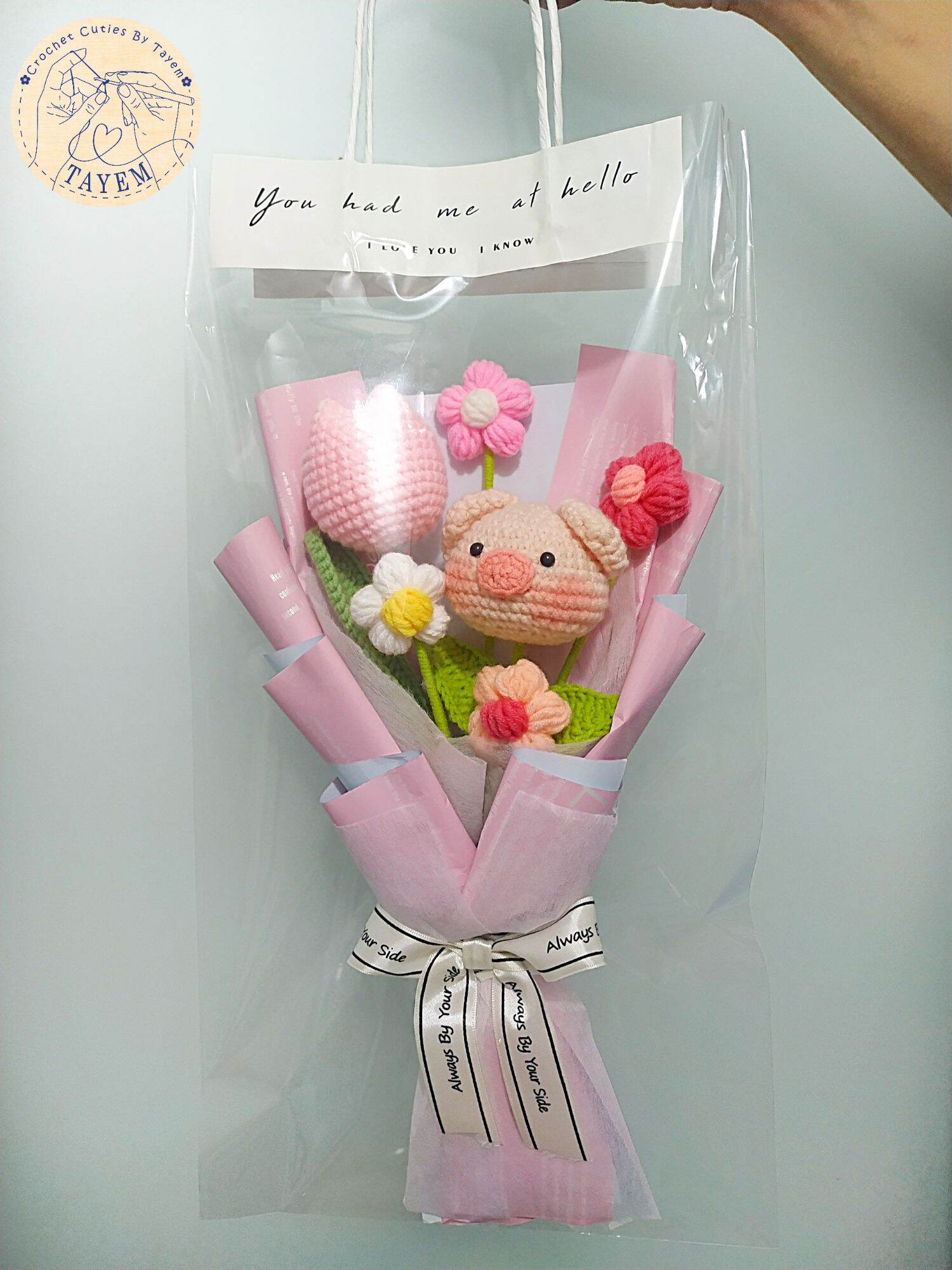 Bó hoa heo mix daisy| hoa đầu thú, hoa len mix daisy theo yêu cầu| hoa len handmade theo yêu