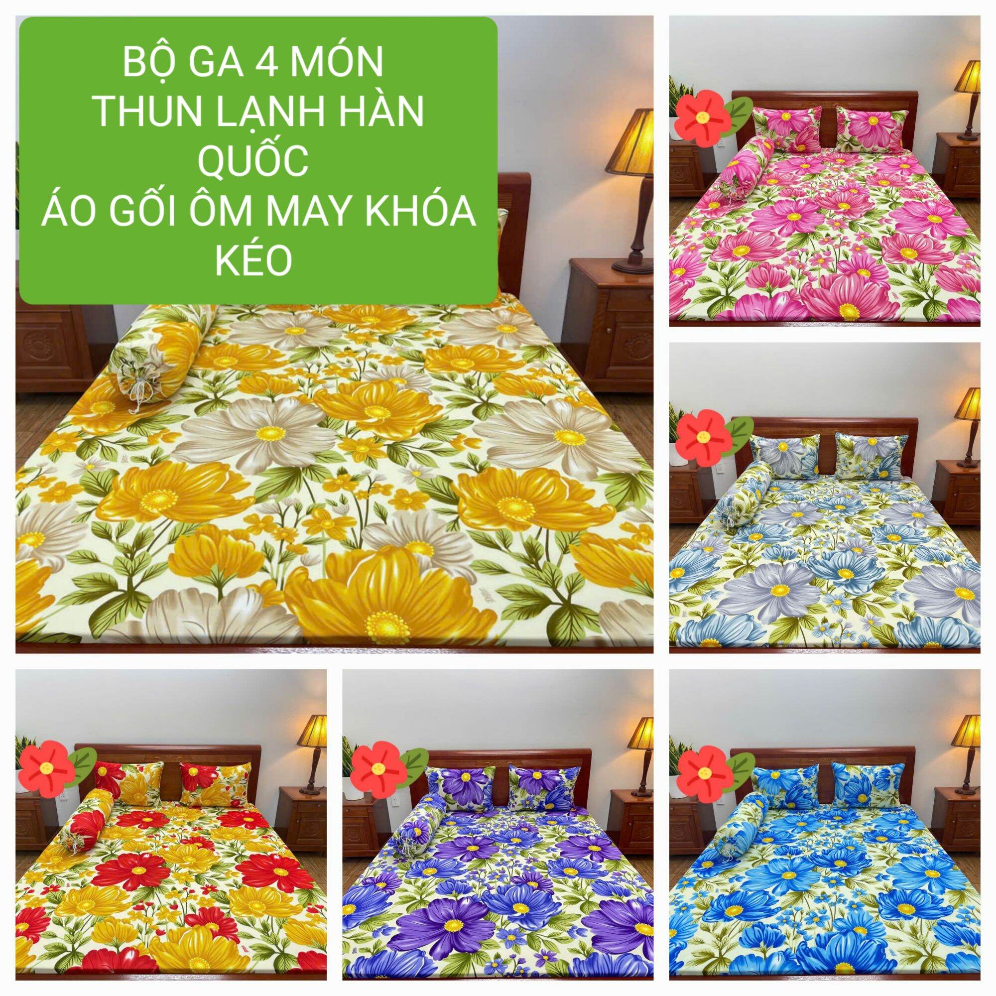 ÁO ÔM MAY KHÓA KÉO BỘ GA 4 MÓN KHÔNG MỀN THUN LẠNH HÀN QUỐC. NỆM CAO 5_30P