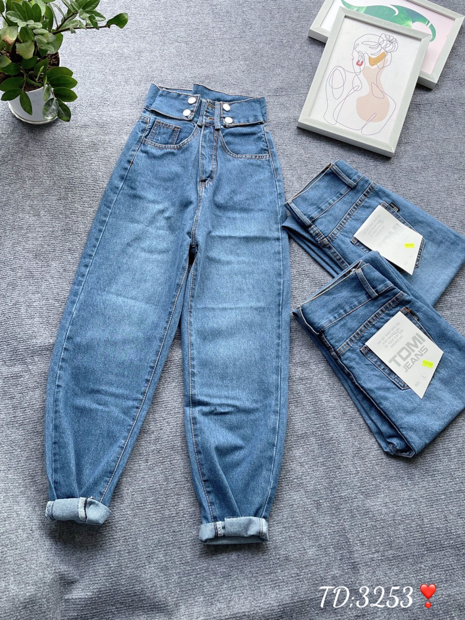 Baggy Jeans Lưng Cao 2 Nút Đai Nút