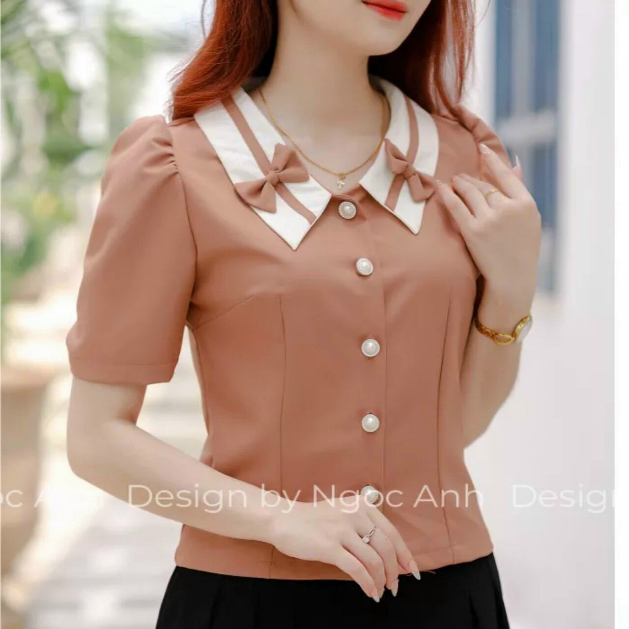 Áo kiểu nữ công sở đính nơ tay ngắn