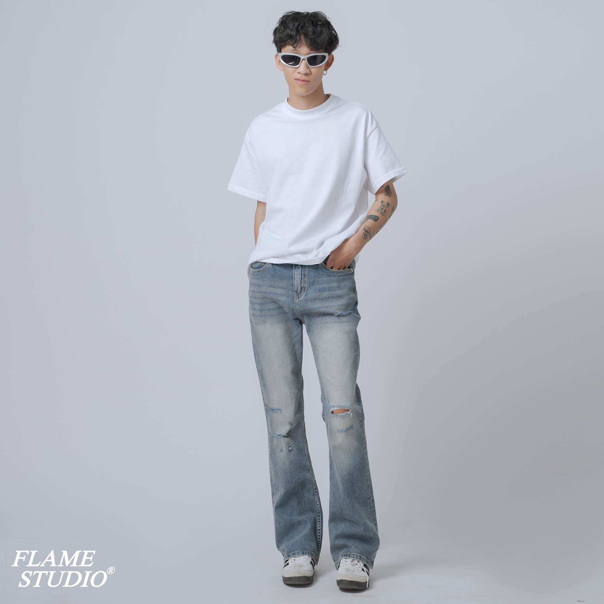 Flame flare denim - quần jeans nam ống loe màu retro blue