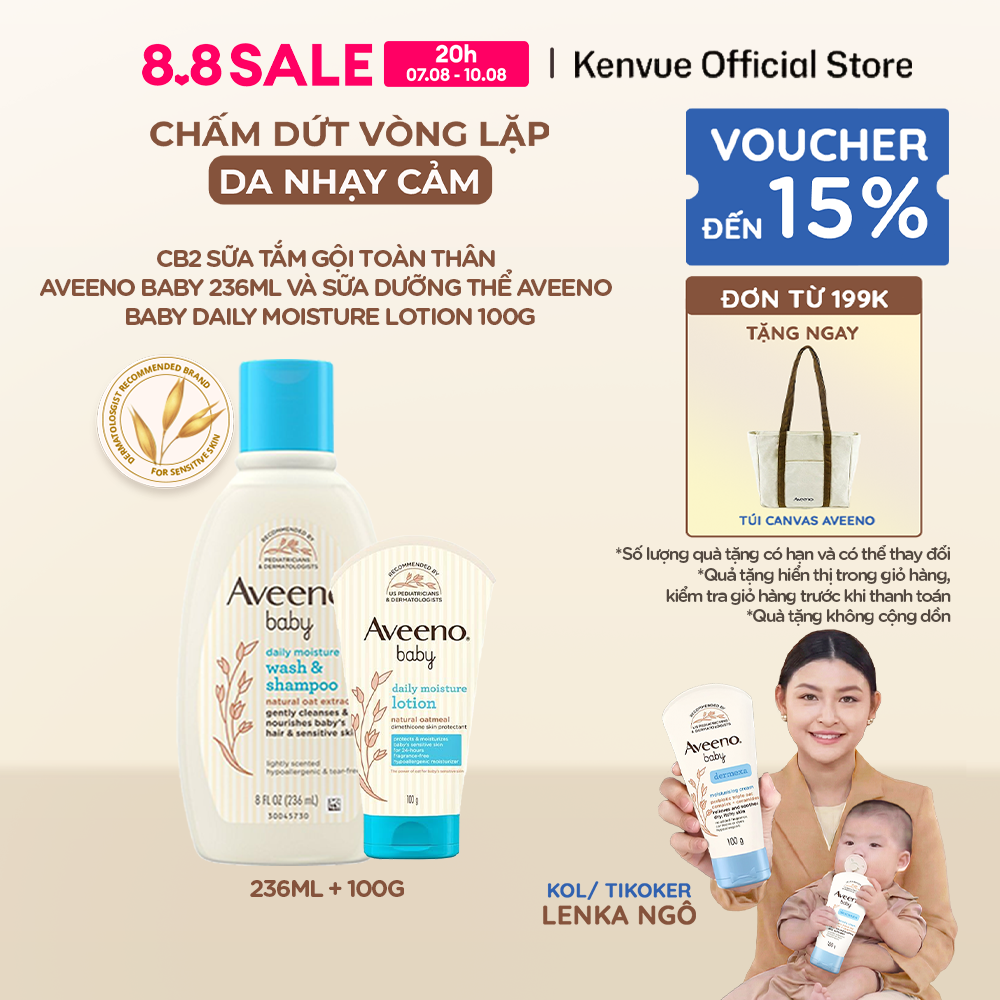 CB2 Sữa tắm gội toàn thân Aveeno baby 236ml và Sữa dưỡng thể Aveeno Baby Daily Moisture Lotion 100g
