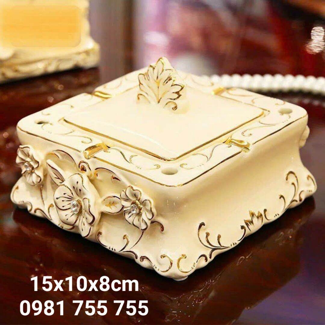 Gạt tàn thuốc lá sứ kèm nắp - Mạ vàng cao cấp – phong cách Tân Cổ Điển