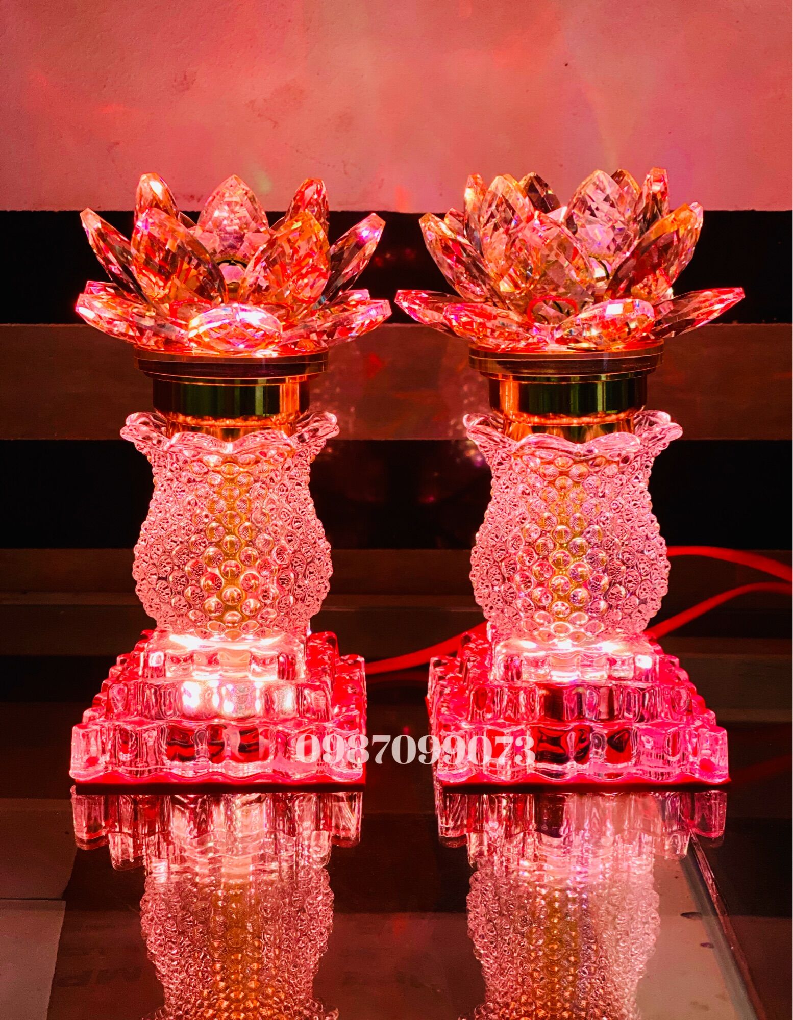 Pair of Crystal Lotus Altar Lamps in the Style of Flower Vases - Crystal 15
