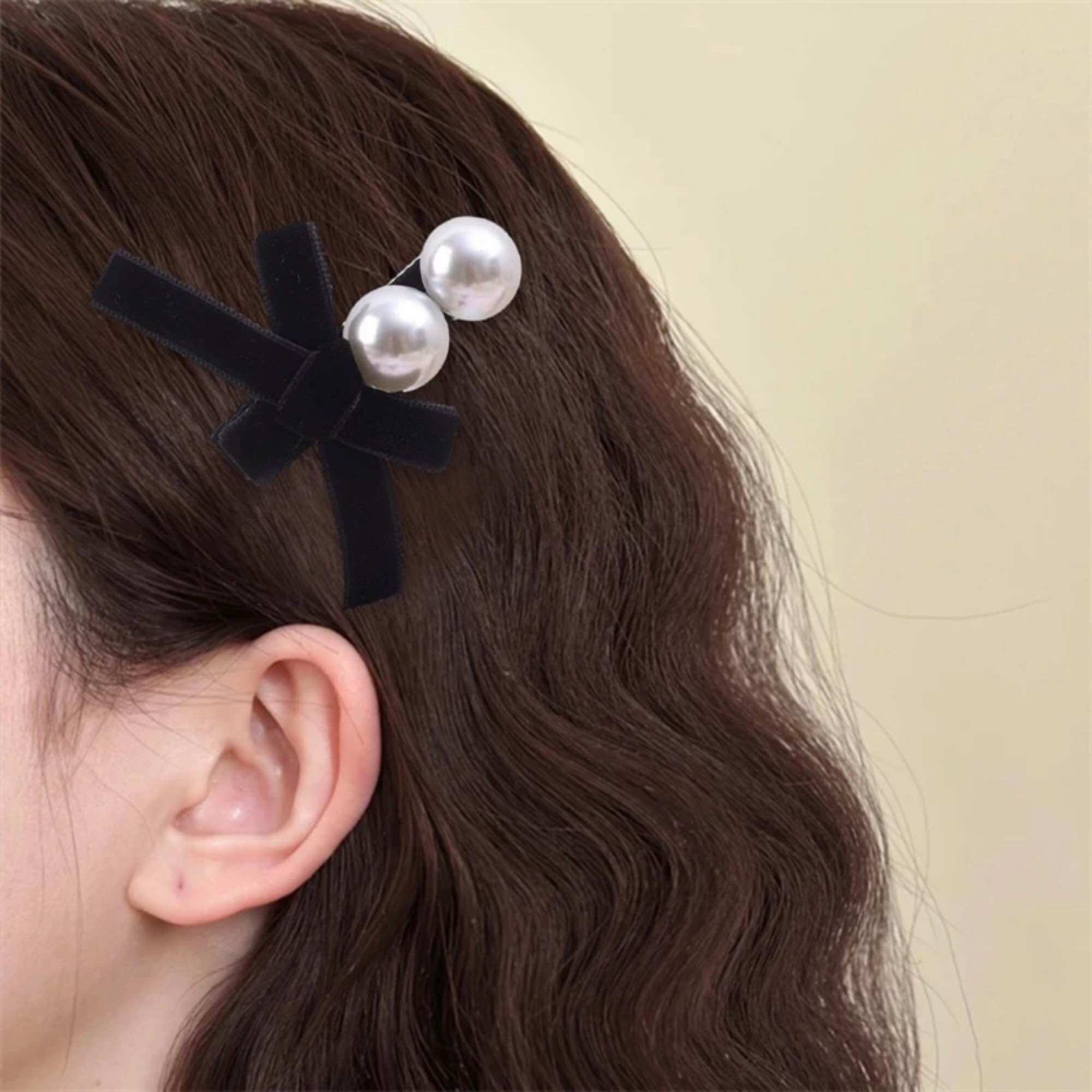 Velvet Bow Hair Clip with Beads for Women